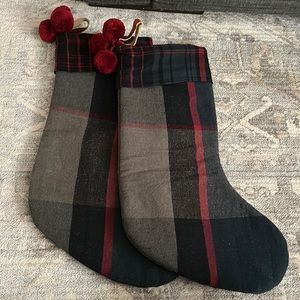 Heart and Hand gray, blue, red plaid stocking